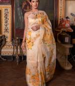 Geroo Jaipur Beige Hand Painted  Pure Organza Saree