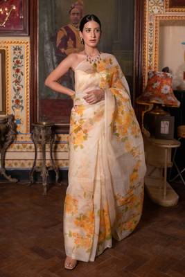   Beige Hand Painted  Pure Organza Saree 2