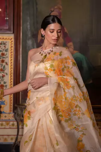   Beige Hand Painted  Pure Organza Saree