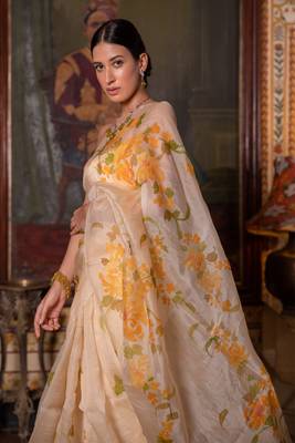   Beige Hand Painted  Pure Organza Saree 4