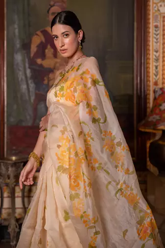  Beige Hand Painted  Pure Organza Saree