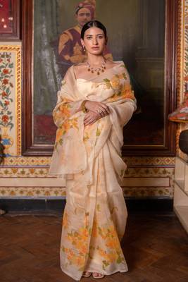   Beige Hand Painted  Pure Organza Saree 6