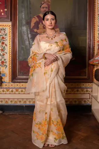   Beige Hand Painted  Pure Organza Saree
