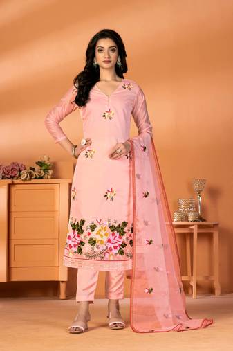 Pink Designer Embroidery Work Modal Silk unstitched Long Length Kameez Pant party wear salwarsuit