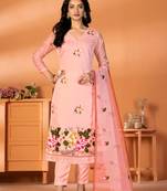 Pink Designer Embroidery Work Modal Silk unstitched Long Length Kameez Pant party wear salwarsuit