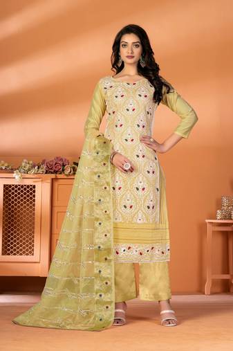 Yellow Designer Embroidery Work Modal Silk unstitched Long Length Kameez Pant party wear salwarsuit