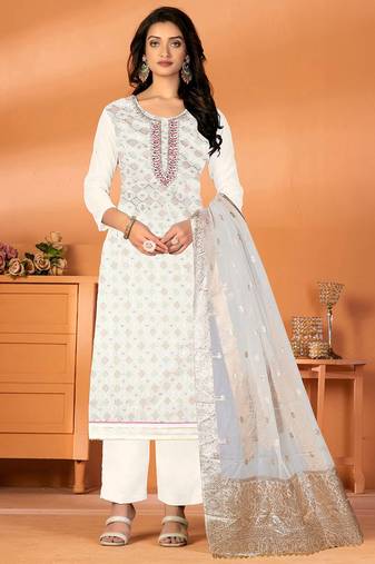White Designer Printed,Embroidery Work Modal Silk unstitched Long Length Kameez Pant party wear salwarsuit