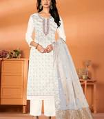 White Designer Printed,Embroidery Work Modal Silk unstitched Long Length Kameez Pant party wear salwarsuit