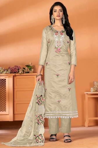 Beige Designer Embroidery Work Modal Silk unstitched Long Length Kameez Pant party wear salwarsuit