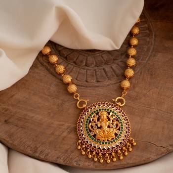  8mm golden beads chain medium length 24" with laxmi pendant one gram gold 1