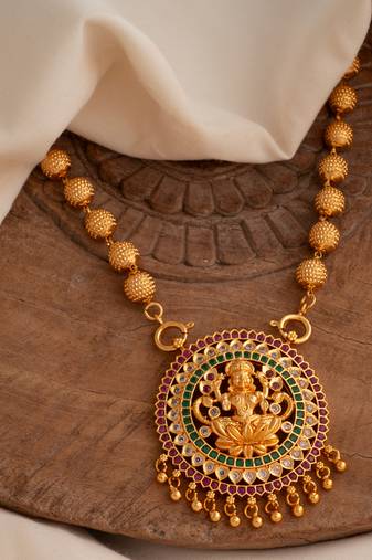 8mm golden beads chain medium length 24" with laxmi pendant one gram gold