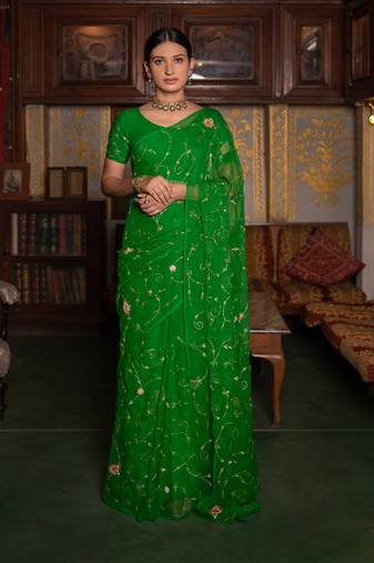Geroo Jaipur Dark Green Hand Embroidered Chiffon Saree