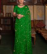 Geroo Jaipur Dark Green Hand Embroidered Chiffon Saree