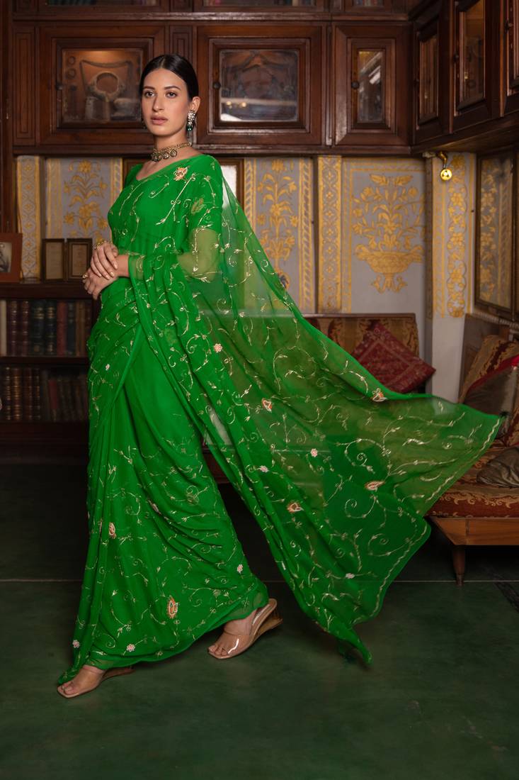 Geroo Jaipur Dark Green Hand Embroidered Chiffon Saree