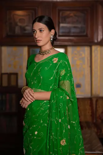   Dark Green Hand Embroidered Chiffon Saree