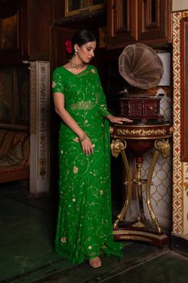   Dark Green Hand Embroidered Chiffon Saree 4