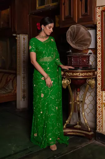   Dark Green Hand Embroidered Chiffon Saree