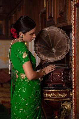   Dark Green Hand Embroidered Chiffon Saree 5