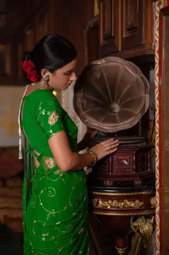   Dark Green Hand Embroidered Chiffon Saree