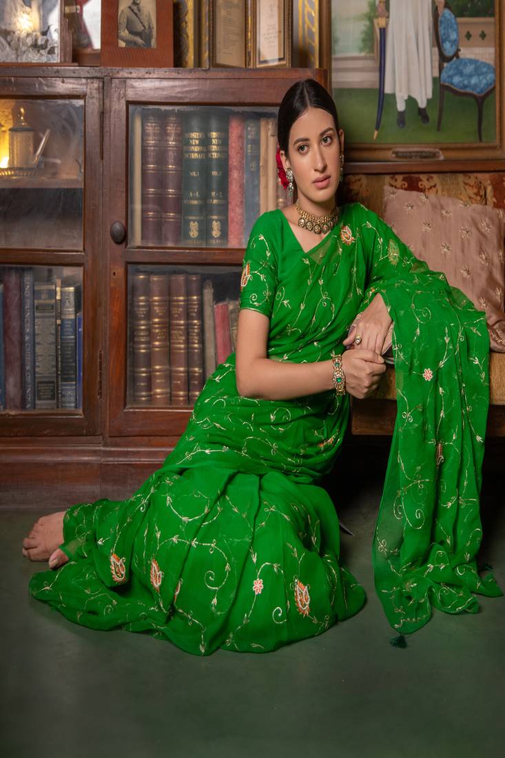 Geroo Jaipur Dark Green Hand Embroidered Chiffon Saree