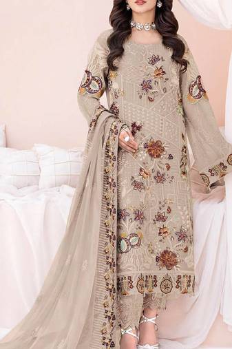 Beige Designer Floral Sequance Embroidery Work Faux Georgette unstitched Long Length Kameez Pant party wear salwarsuit