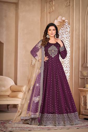 Purple Designer Embroidery Work Tafeta Butti unstitched Long Length Kameez Pant party wear salwarsuit