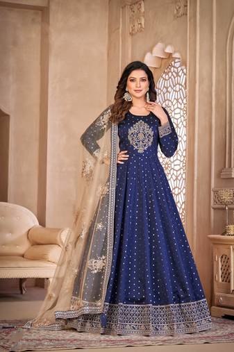 Blue Designer Embroidery Work Tafeta Butti unstitched Long Length Kameez Pant party wear salwarsuit