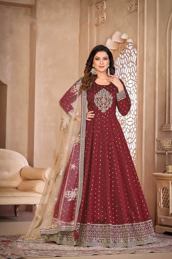 Maroon Designer Embroidery Work Tafeta Butti unstitched Long Length Kameez Pant party wear salwarsuit