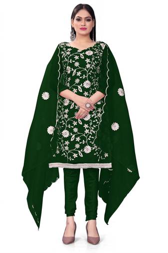 Green Floral Embroidery Work Organza unstitched Long Length Kameez Pant party wear salwarsuit