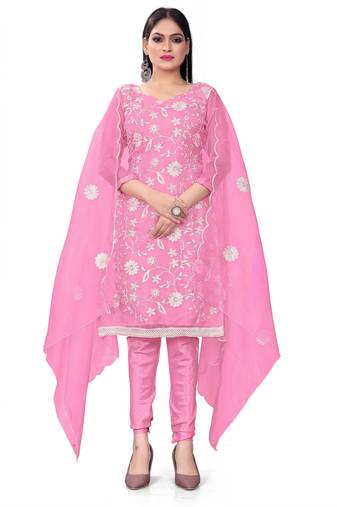 Pink Floral Embroidery Work Organza unstitched Long Length Kameez Pant party wear salwarsuit