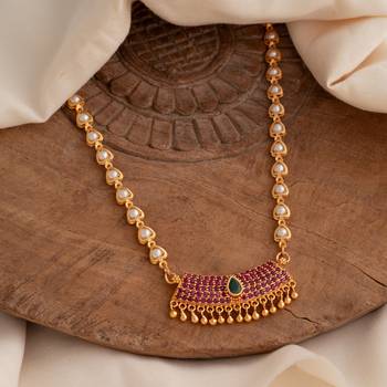  pearl beads chain medium length 20" with ruby pendant one gram gold 1