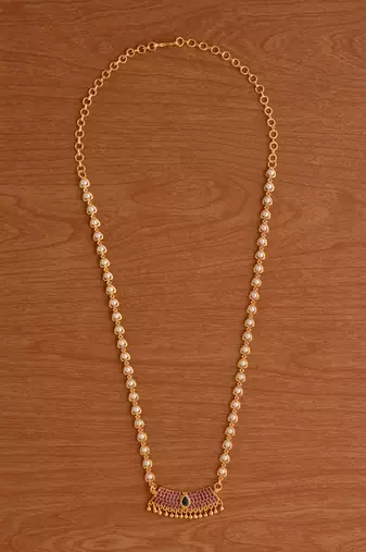   pearl beads chain medium length 20" with ruby pendant one gram gold