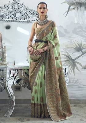 Pista Green Kashmiri Silk Woven Saree With Blouse 1