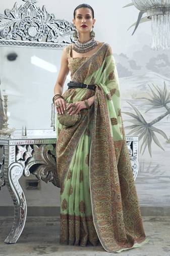 Pista Green Kashmiri Silk Woven Saree With Blouse
