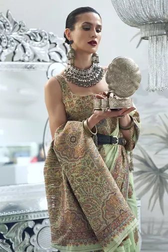 Pista Green Kashmiri Silk Woven Saree With Blouse