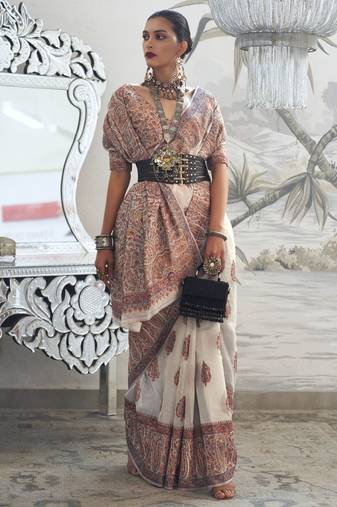Off White Kashmiri Silk Woven Saree With Blouse