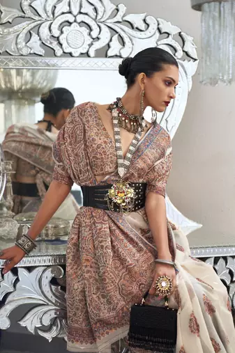 Off White Kashmiri Silk Woven Saree With Blouse