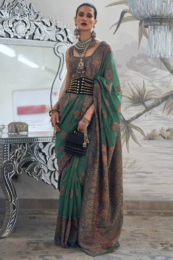 Teal Green Kashmiri Silk Woven Saree With Blouse