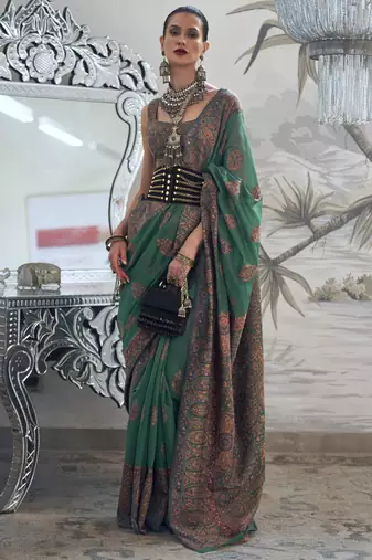 Teal Green Kashmiri Silk Woven Saree With Blouse