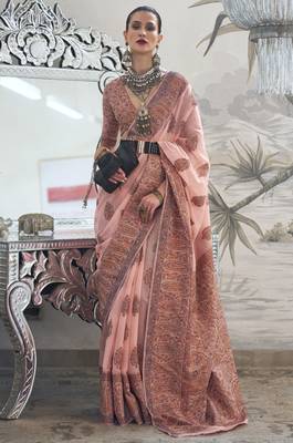 Salmon Kashmiri Silk Woven Saree With Blouse 1