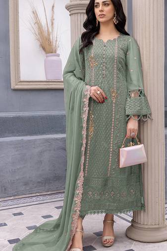 Green Designer Embroidery Work Faux Georgette Semistiched Long Length Kameez Pant party wear salwarsuit