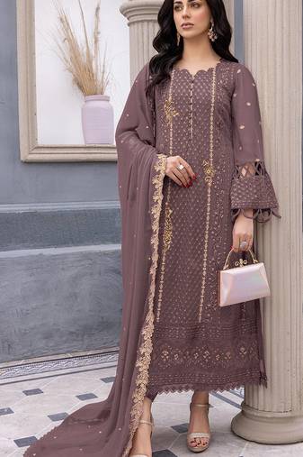 Mauve Designer Embroidery Work Faux Georgette Semistiched Long Length Kameez Pant party wear salwarsuit