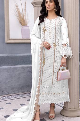 White Designer Embroidery Work Faux Georgette Semistiched Long Length Kameez Pant party wear salwarsuit