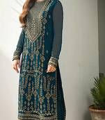 Blue Designer Floral Embroidery Work Faux Georgette Semistiched Long Length Kameez Pant party wear salwarsuit