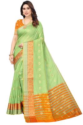 Women'S Green Jacquard Cotton Blend Golden Zari Butta Woven Maheshwari Saree With Blouse Piece 1