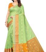 Women'S Green Jacquard Cotton Blend Golden Zari Butta Woven Maheshwari Saree With Blouse Piece