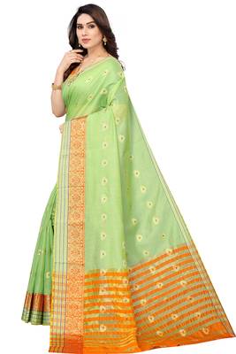 Women'S Green Jacquard Cotton Blend Golden Zari Butta Woven Maheshwari Saree With Blouse Piece 2