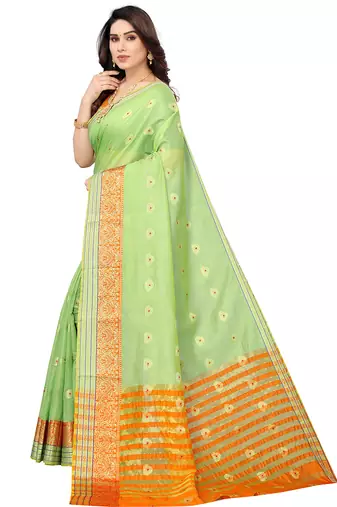 Women'S Green Jacquard Cotton Blend Golden Zari Butta Woven Maheshwari Saree With Blouse Piece