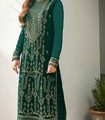 Green Designer Floral Embroidery Work Faux Georgette Semistiched Long Length Kameez Pant party wear salwarsuit