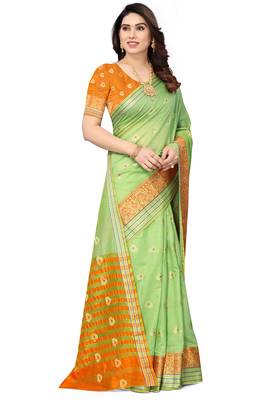 Women'S Green Jacquard Cotton Blend Golden Zari Butta Woven Maheshwari Saree With Blouse Piece 3